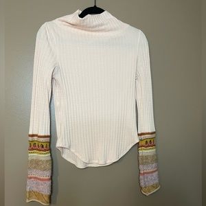 Free People Cream Cowl Neck Sweater with Multicolor Sleeves